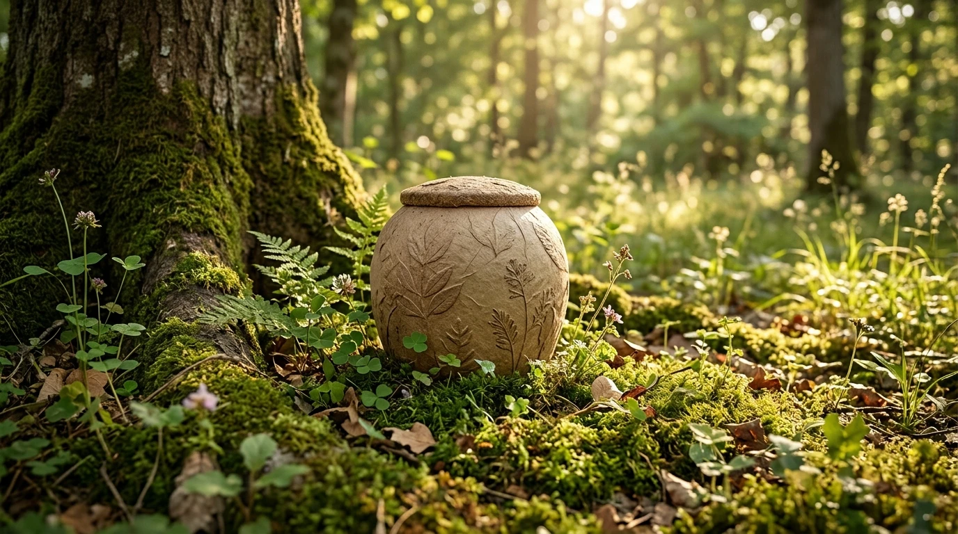 Beautiful biodegradable pet urn in a peaceful natural setting