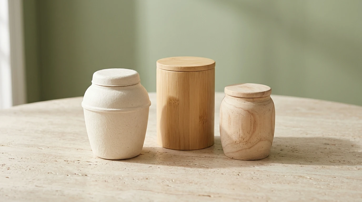 Three biodegradable pet urns made from molded paper, bamboo, and natural wood