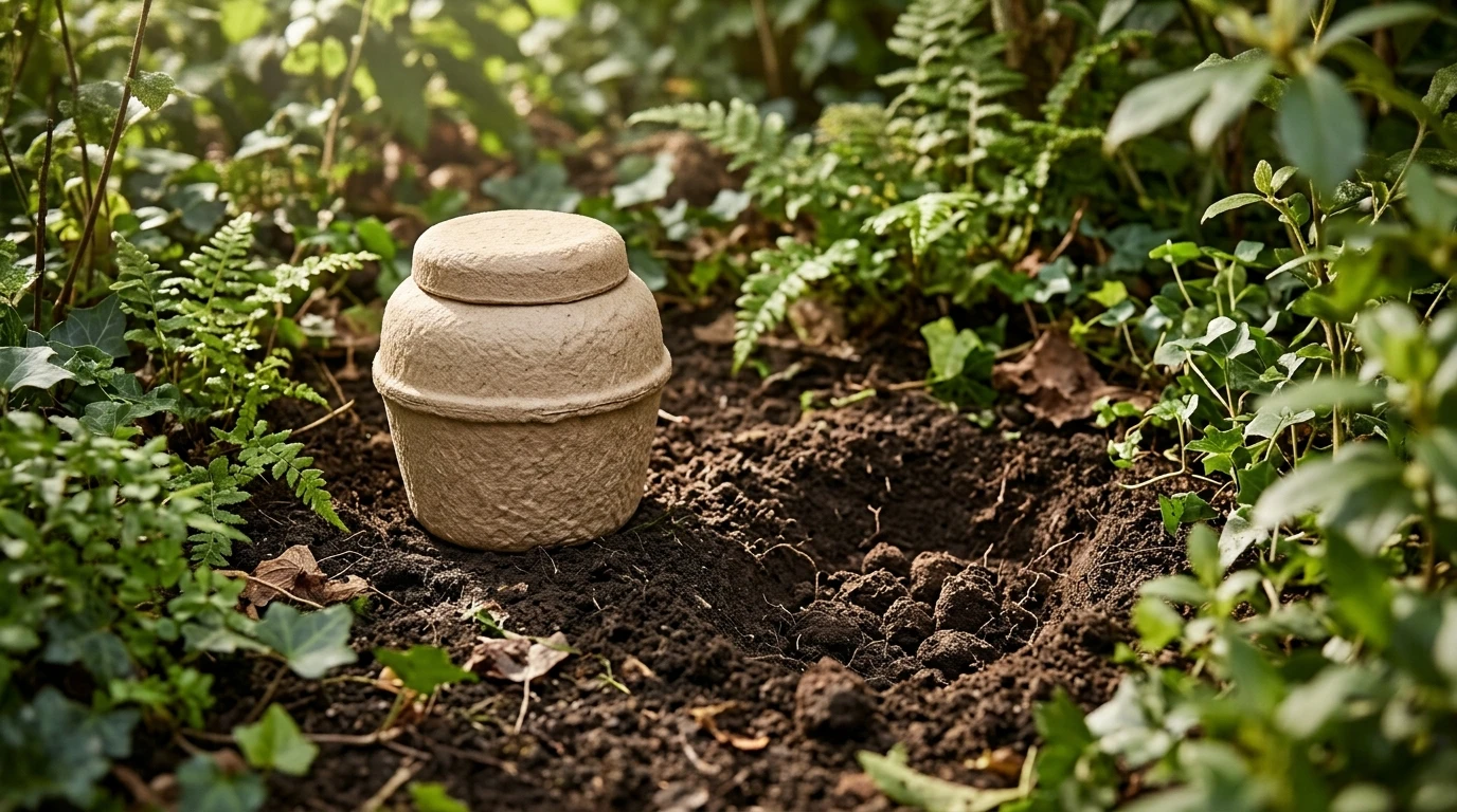 Natural fiber pet burial urn resting on garden soil surrounded by green ferns