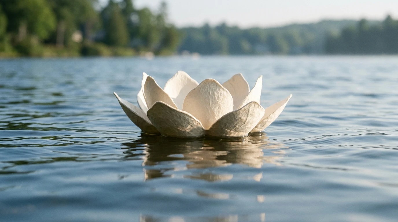 Ivory flower-shaped biodegradable water burial urn floating on a calm lake