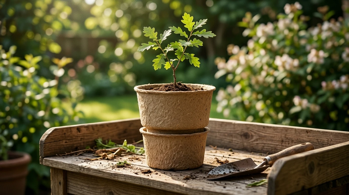 Young tree sapling growing in a biodegradable planting urn on a wooden garden bench