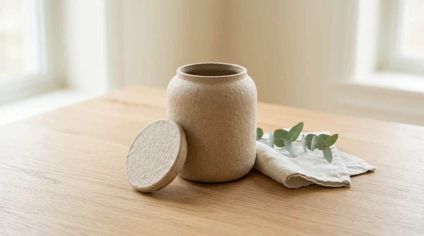 Open biodegradable pet urn with its lid beside it on a light wooden table