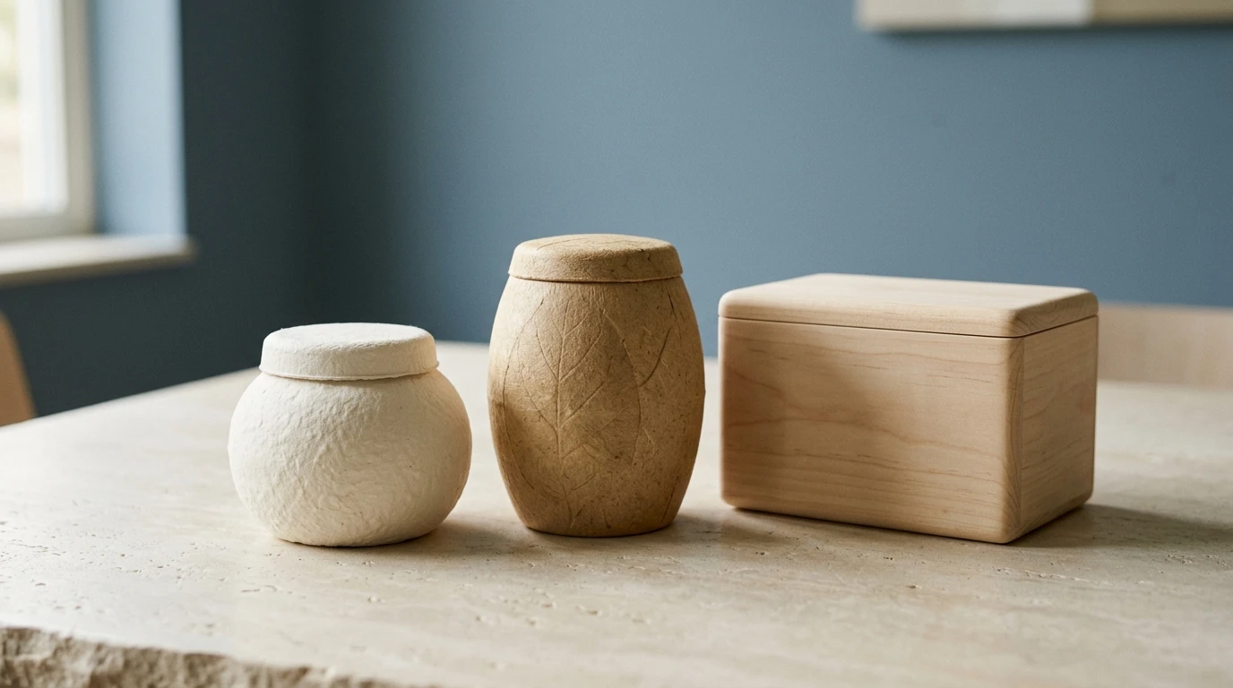 Three natural pet urns in different shapes, sizes, and materials displayed together