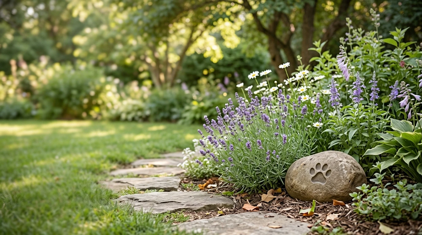 Pet memorial garden with lavender, white flowers, and a paw-print remembrance stone