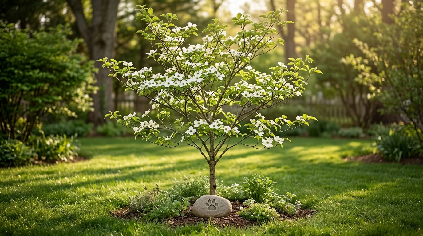 Flowering dogwood memorial tree with a small paw-print stone at its base