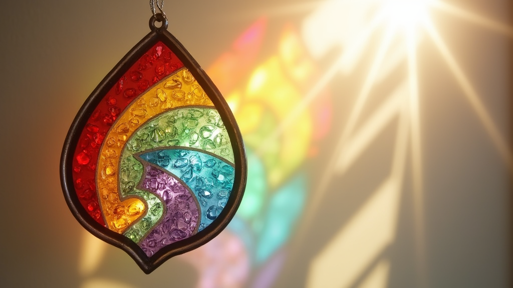 Bright sunlight shining through a glass suncatcher containing pet ashes, casting colored patterns on a wall.