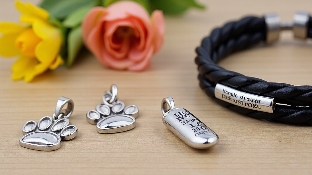 Collection of pet cremation jewelry, featuring a paw-shaped silver charm, a small discreet urn pendant, and a black leather bracelet on a light wooden background with flowers nearby.