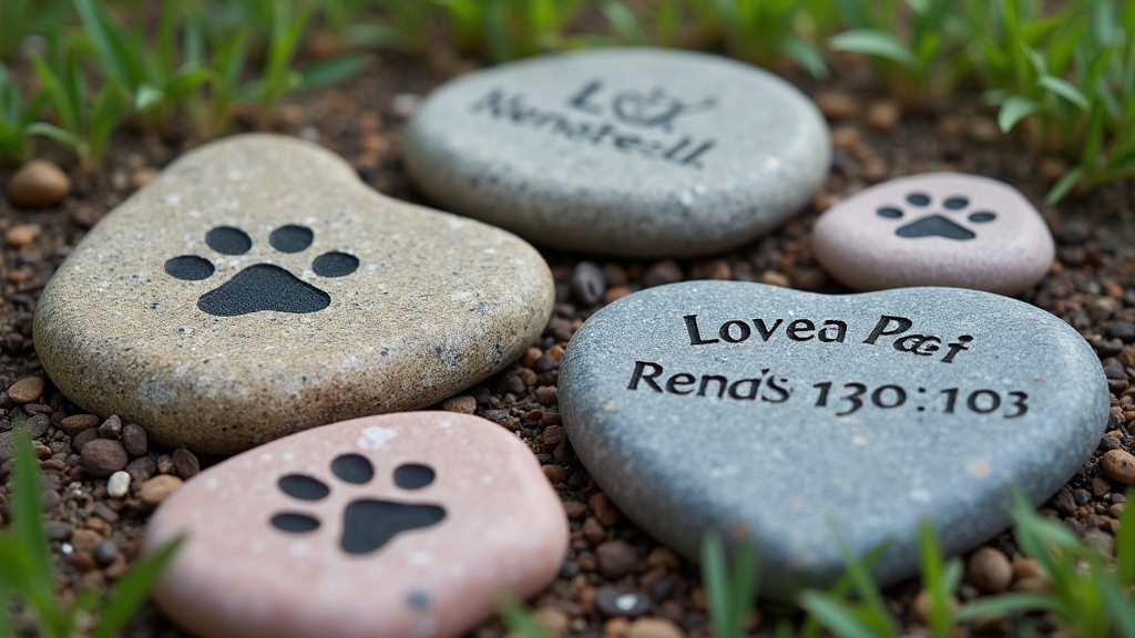 Example pet memorial stones with engraved names and paw prints arranged among flowers in a garden