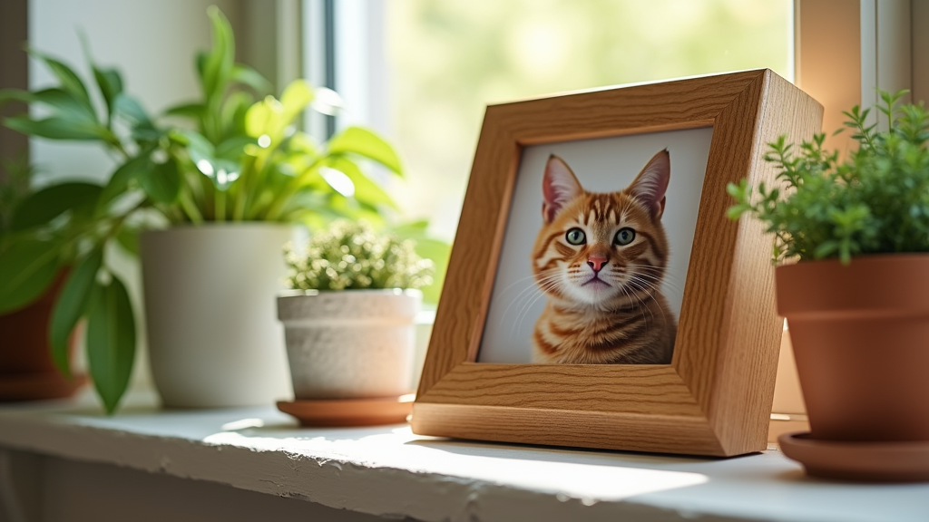 Pet photo urn on a mantle, with sunlight and gentle background - photo only, no humans or text
