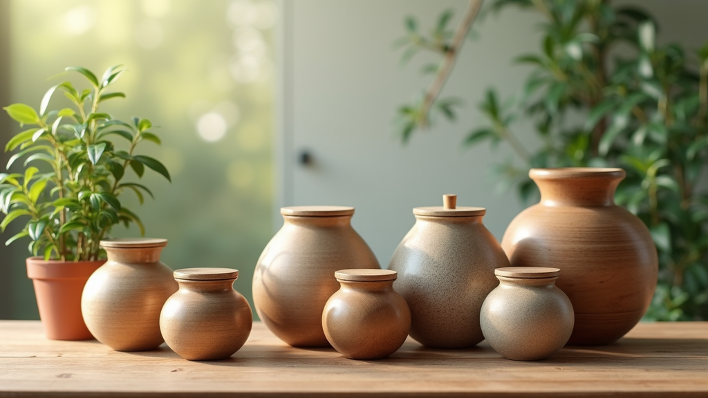 Several biodegradable pet urns in various shapes and natural textures arranged on a wooden table, with potted plants beside them.