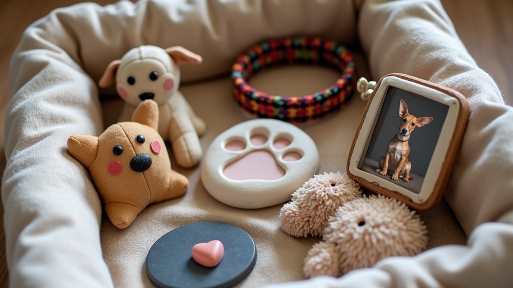 A collection of pet mementos such as a paw print mold, collar, photo, and toy displayed next to a memory box.