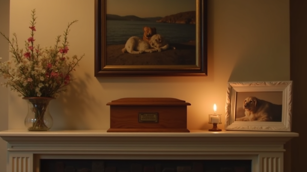 A comforting home scene with a wooden pet keepsake urn on a mantle, softly lit by afternoon sunlight and surrounded by mementos like a collar and framed photo.