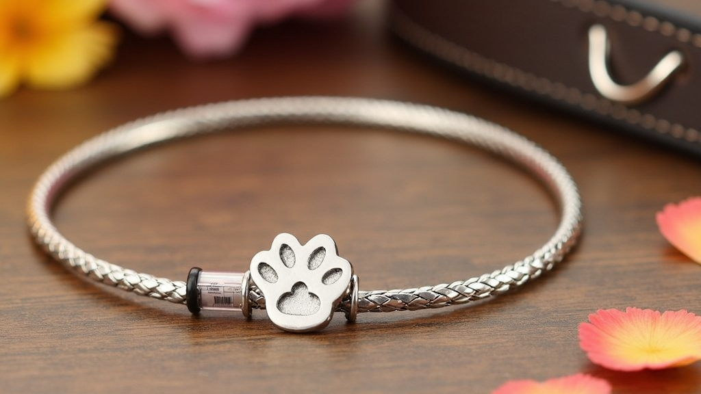 A delicate pet cremation bracelet featuring a heart-shaped locket and a tiny paw charm, staged on a rustic wooden background next to a dog collar and dried flowers.