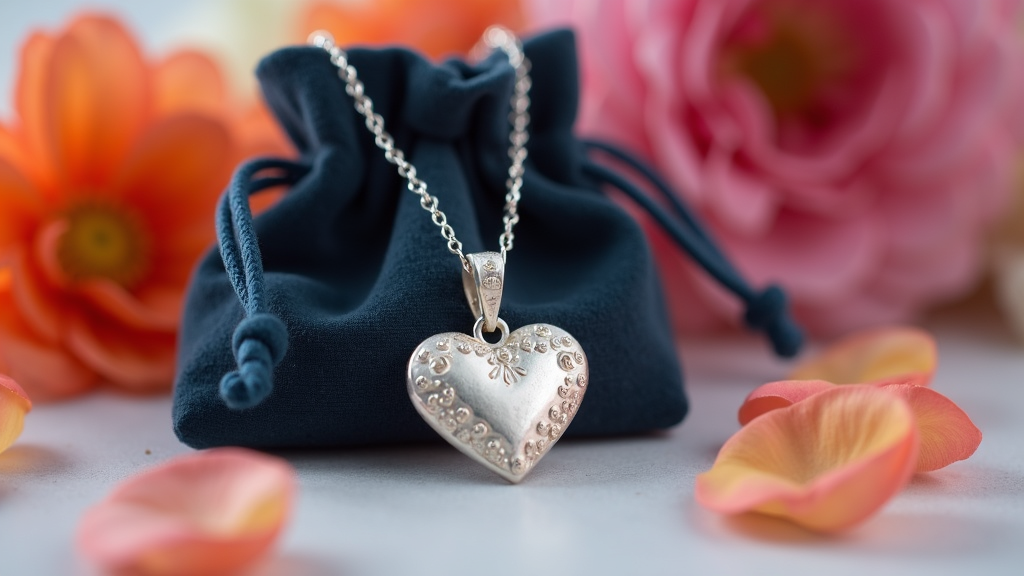 Close-up of a silver heart-shaped pet cremation pendant resting beside a small velvet pouch and flower petals.