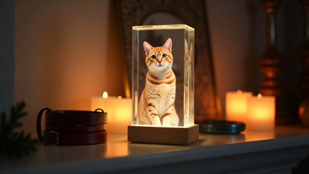 Pet memorial 3D crystal keepsake on display shelf with soft lighting