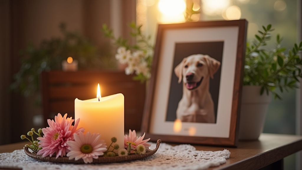 A peaceful setup with a pet memorial candle, flowers, and framed photo of a pet on a table
