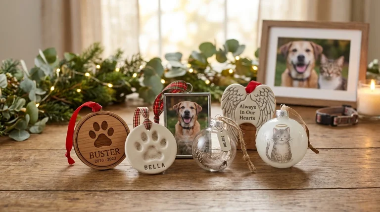 Article on 11 Personalized Pet Memorial Ornament Ideas to Honor a Beloved Pet. From photo ornaments and engraved wooden keepsakes to delicate glass designs and personalized paw prin