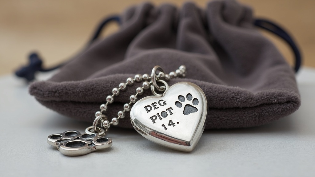 A close-up of a silver paw print cremation pendant filled with blue resin, resting beside a small wooden box and paw tag.