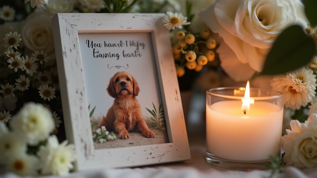 Sympathy card and a candle surrounded by pet keepsakes, sitting on a table next to a collar.