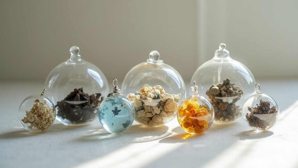 Assorted glass memorials with swirls of color and small inclusions