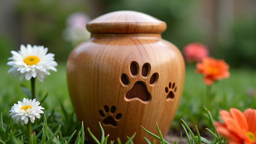 A hand-carved wooden pet urn with engraved paw prints, placed amidst blooming flowers in a backyard garden.